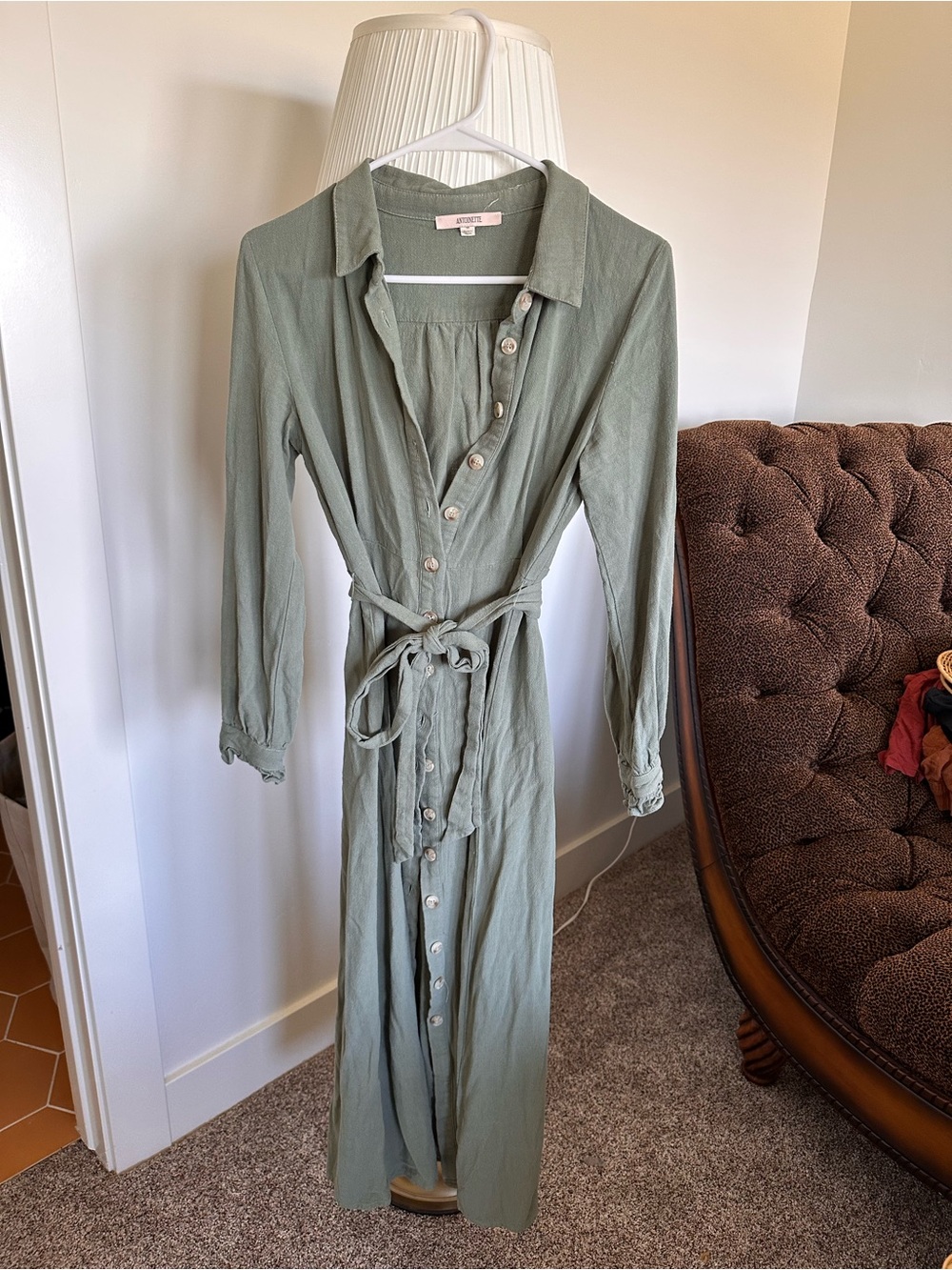 Long Button-Front Dress in Sage Green
